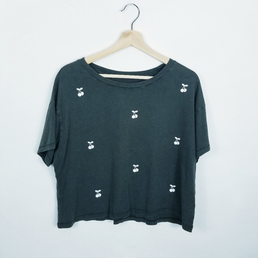 PINK crop washed out cherry print Tee NEW